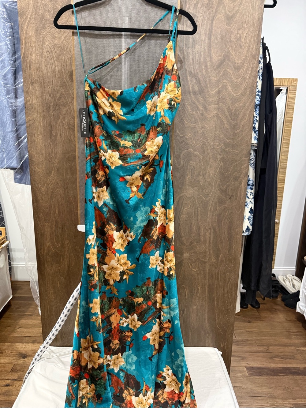 Teal Floral Satin Slip Dress with Spaghetti Straps